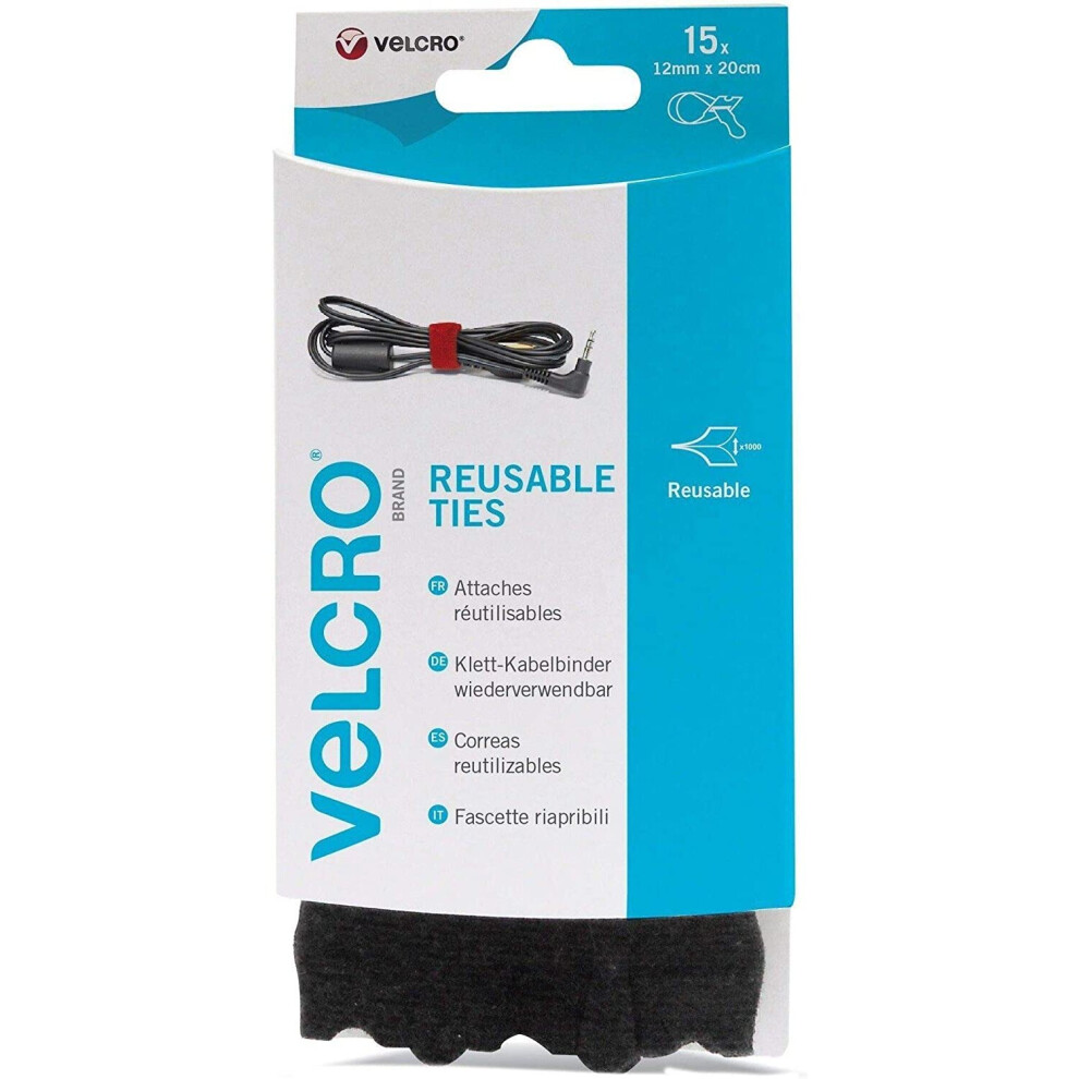 Velcro Brand Vel-Ec60466 One-Wrap Reusable Ties, Black, 12Mm X 20Cm - 15Pk 5054480936873