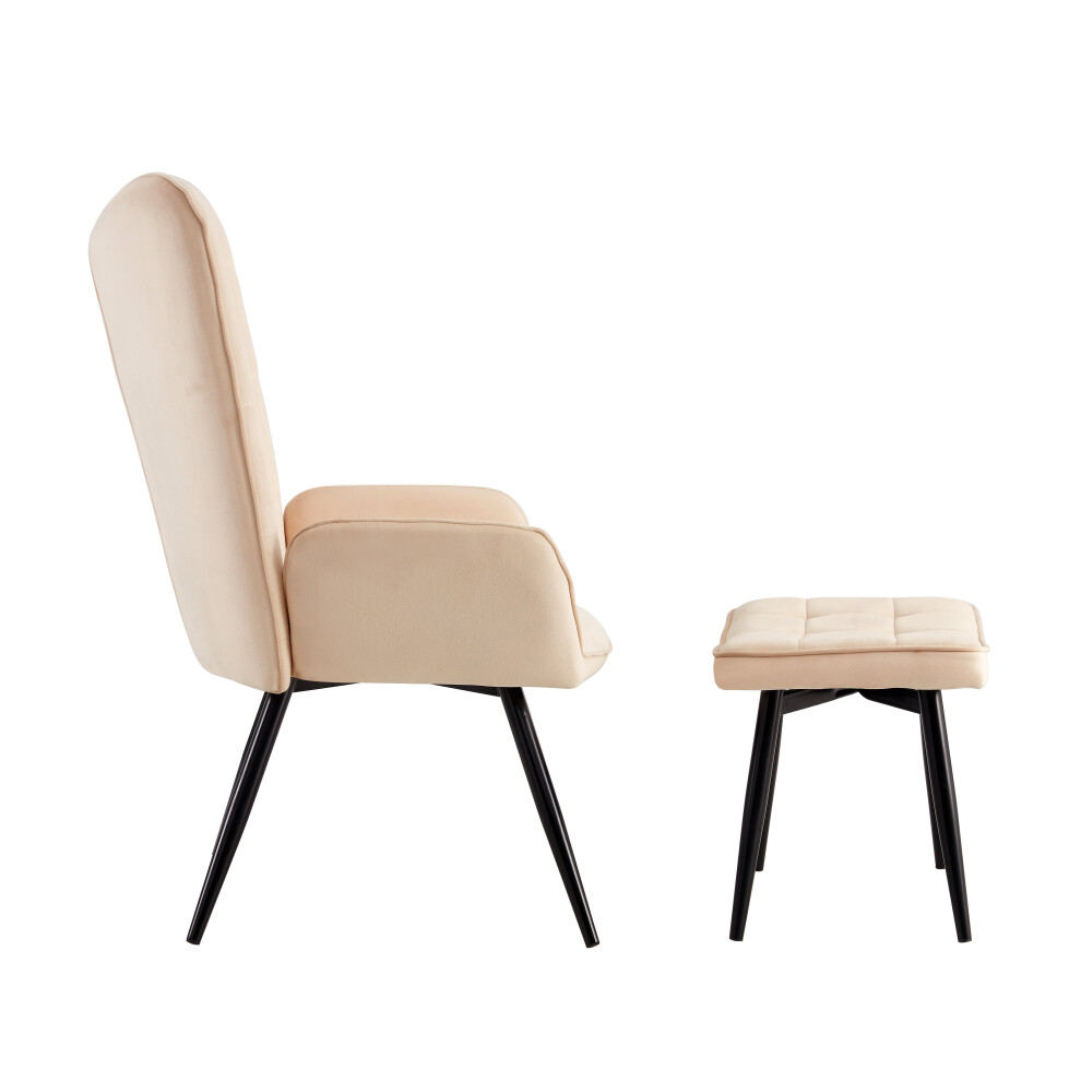 Velvet Relax Lounge Chair & footstool Beige Armchair Curved Wing backrest G-0506