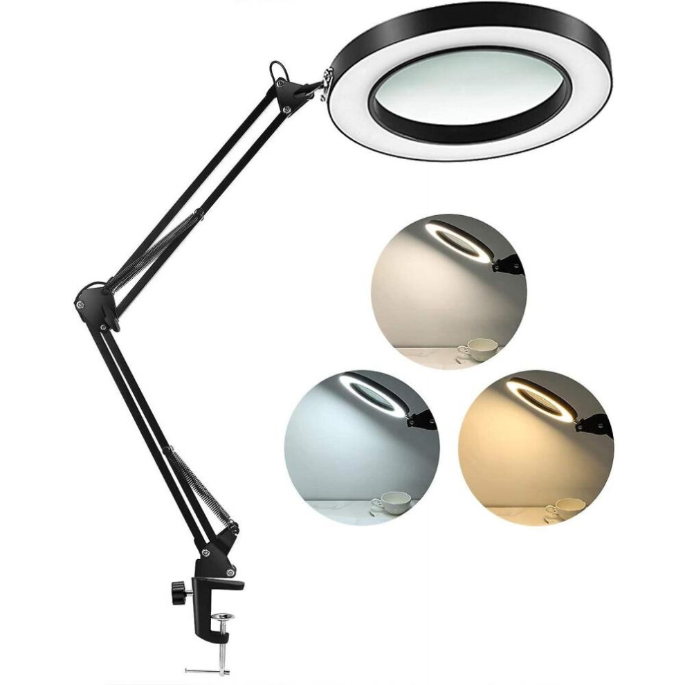 Led Magnifying Lamp With Clamp, 1,500 Lumens Stepless Dimmable, 3 Color Modes, 5-diopter 4.3 Real Glass Lens, Adjustable Swivel Arm Lighted Magnifier