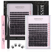 Cluster Eyelash Extensions Kit, DIY Lashes Extension Kit with Lash Bond & Seal and Applicator, 144 Pcs 0.10mm 56D 9-15mm Mixed Wide-stem Cluster Lash,