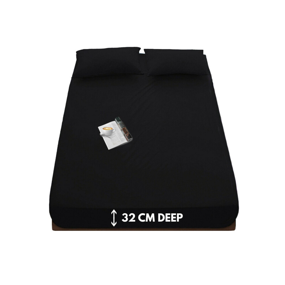 (Black, King ) Extra Deep Flannelette Fitted Sheet & Pillowcase