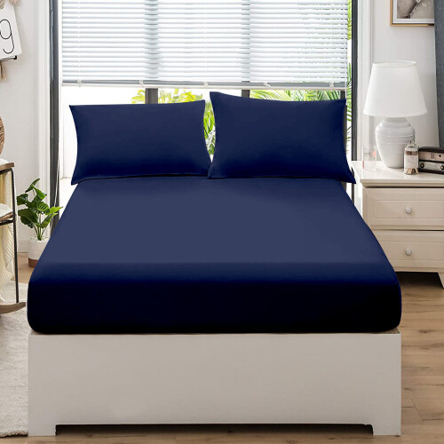 (Navy , King ) Extra Deep Flannelette Fitted Sheet & Pillowcase