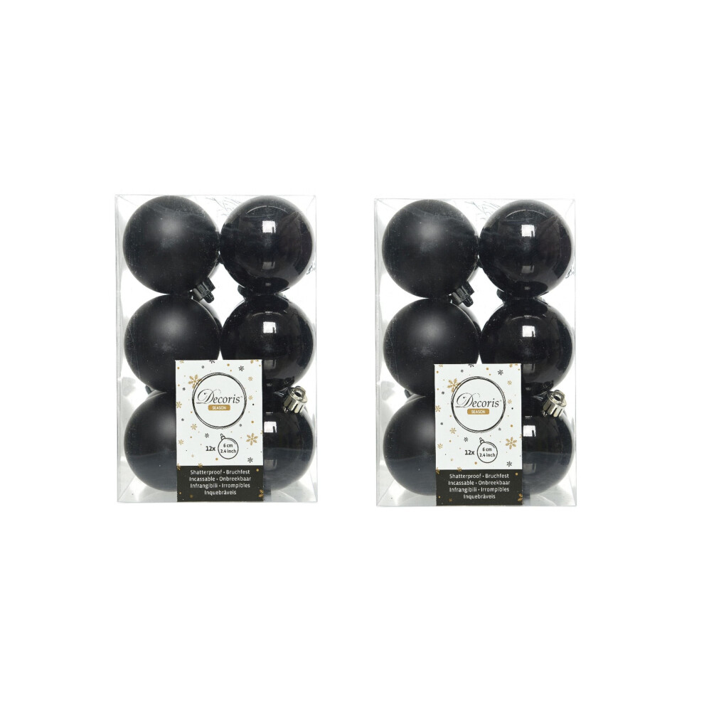 24 Black Christmas Baubles 6cm Shatterproof Shiny Matt Decoration