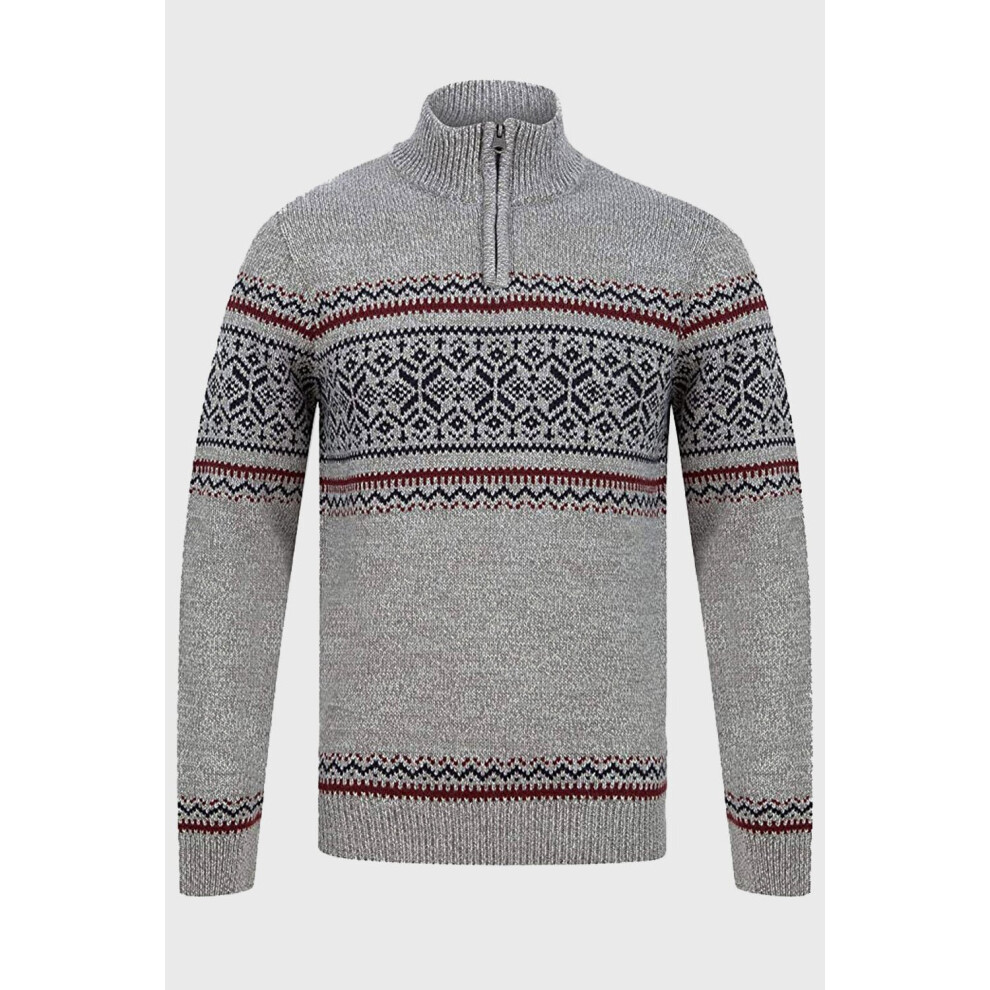 (L) Fairisle Grey Twist 1/4 Zip Neck Christmas Jumper 