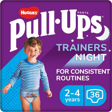 Huggies Pull-Ups, Trainers Night Nappy Pants for Boys, 2-4 Years - Size 6-7 Pull Up Nappies (36 Pants) - Extra Night Time Protection
