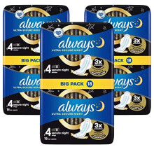 Always Ultra Secure Night (Size 4) Sanitary Pads with Wings, 18 Per Pack (Pack of 3) - 54 Pads in Total