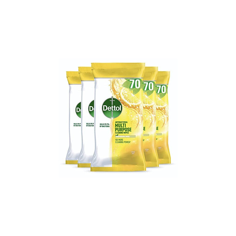 Dettol Antibacterial Multipurpose Cleaning Disinfectant Wipes, Citrus Zest, Multipack Of 5 X 70, Total 350 Wipes