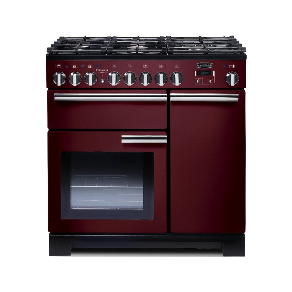 Rangemaster PDL90DFFCY/C Professional Deluxe Cranberry with Chrome Trim 90cm Dual Fuel Range Cooker - Red - A Rated - 97620