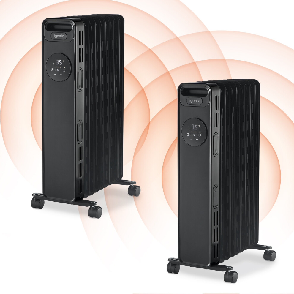 Igenix IG2621BL Digital Oil Filled Radiator, 2kW/2000W, Overheat Protection, Black, 2 Pack