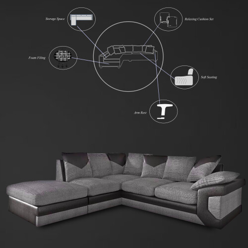 MN Furniture (Black Grey, Left Corner Sofa) Modern Denver 3+2 and Corner Luxuries Sofa 1