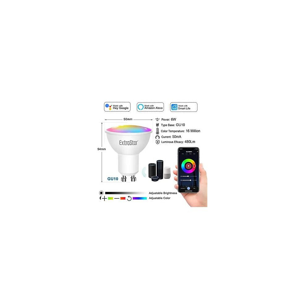 (6 pcs) EXTRASTAR WiFi Smart GU10 6W Dimmable RGB 480LM