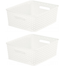 2 Cream Rattan Storage Basket 12L Plastic Nestable Tray 35.5 x 29.5cm
