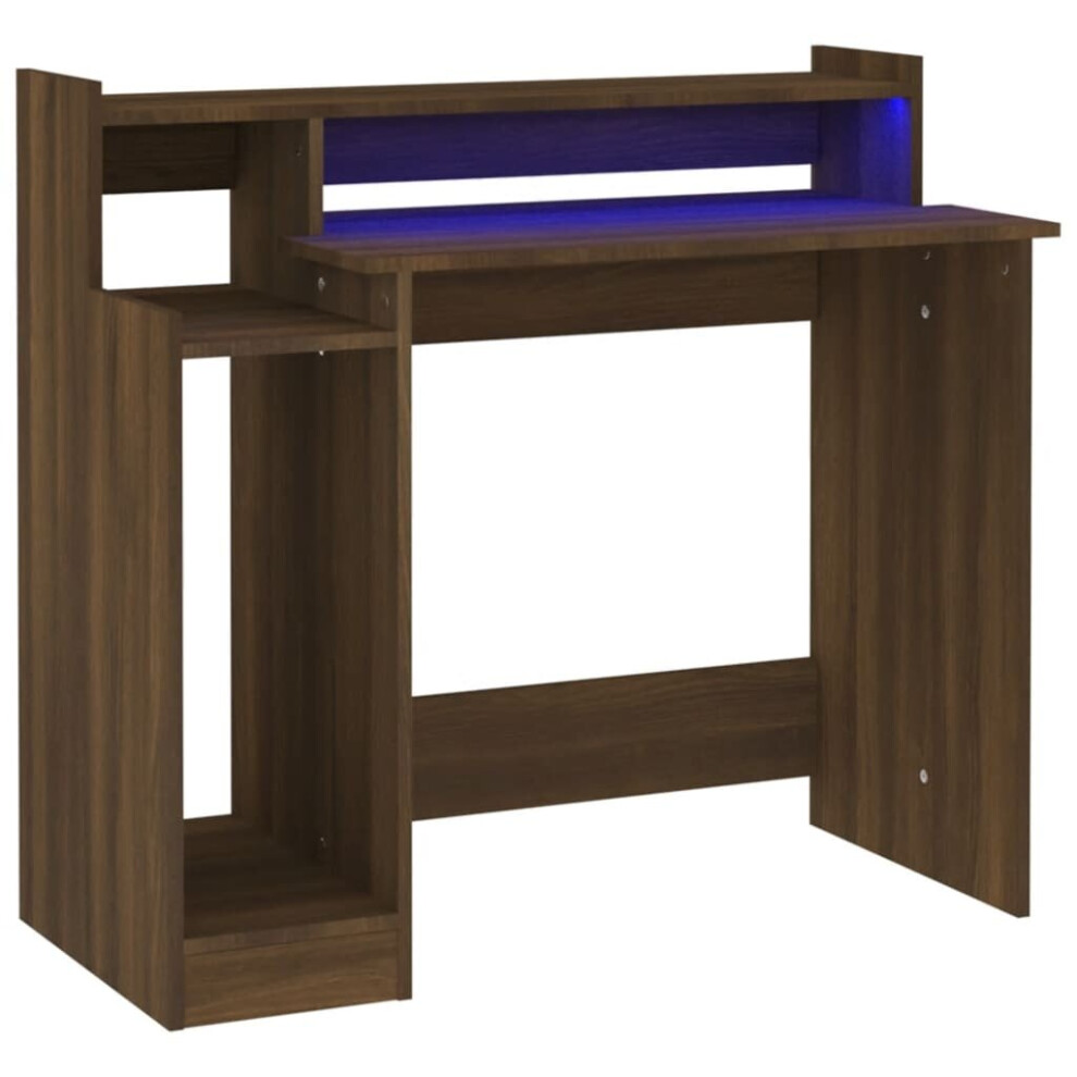 (Brown oak) vidaXL Desk With LED Lights Computer Table Study Writing Desk Engineered Wood