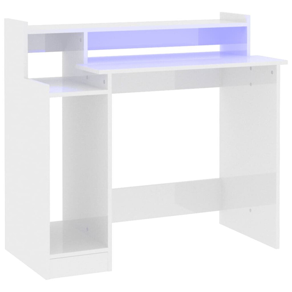 (High Gloss white) vidaXL Desk With LED Lights Computer Table Study Writing Desk Engineered Wood