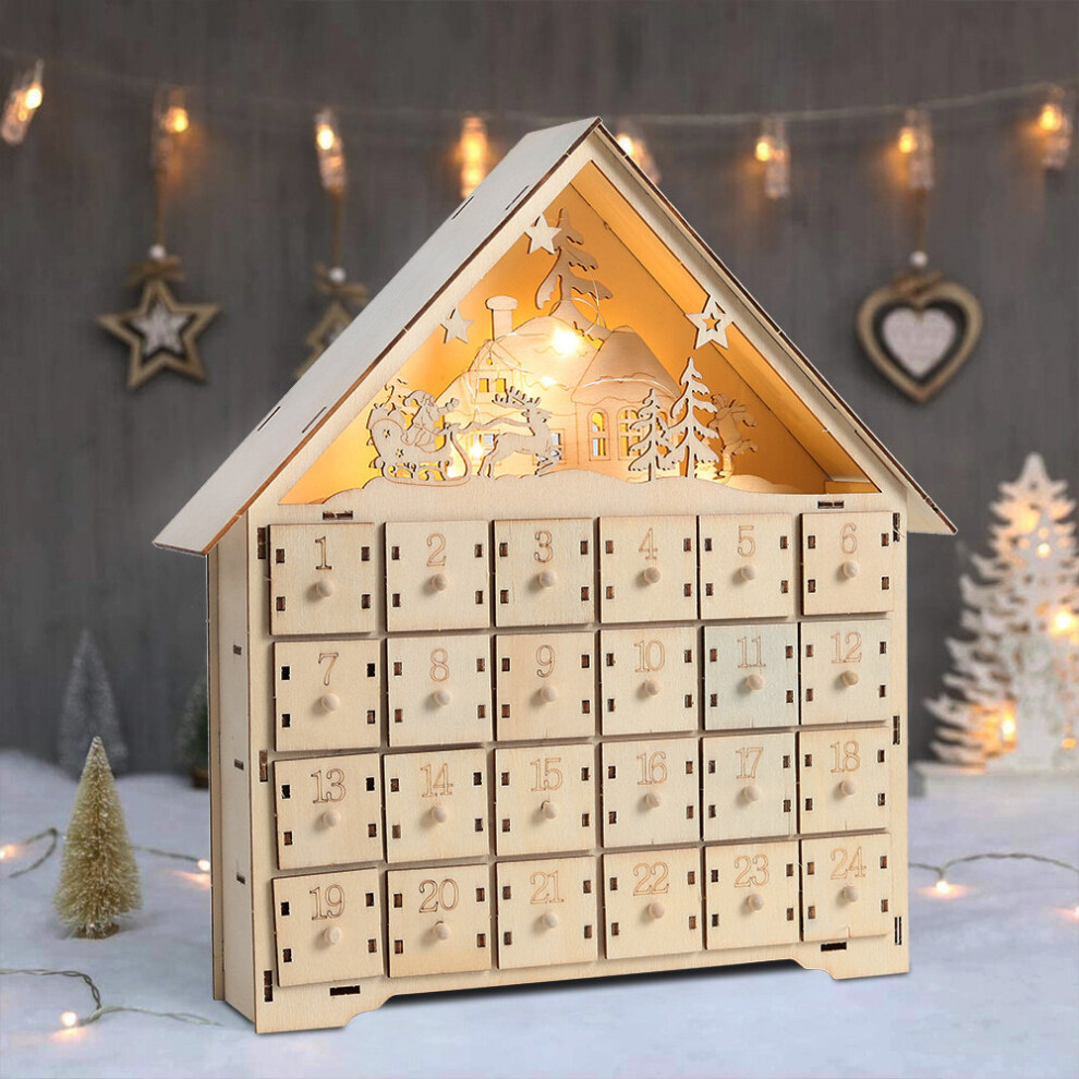 Countdown Christmas Wooden Calendar House 24 Drawers with LED Lights