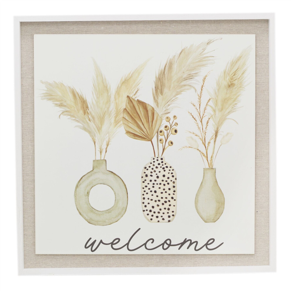Carousel 40Cm Wooden Welcome Sign House Plaque | Botanical Pampas Grass Large Decorative Welcome Plaque | Shabby Chic Home Accessories White