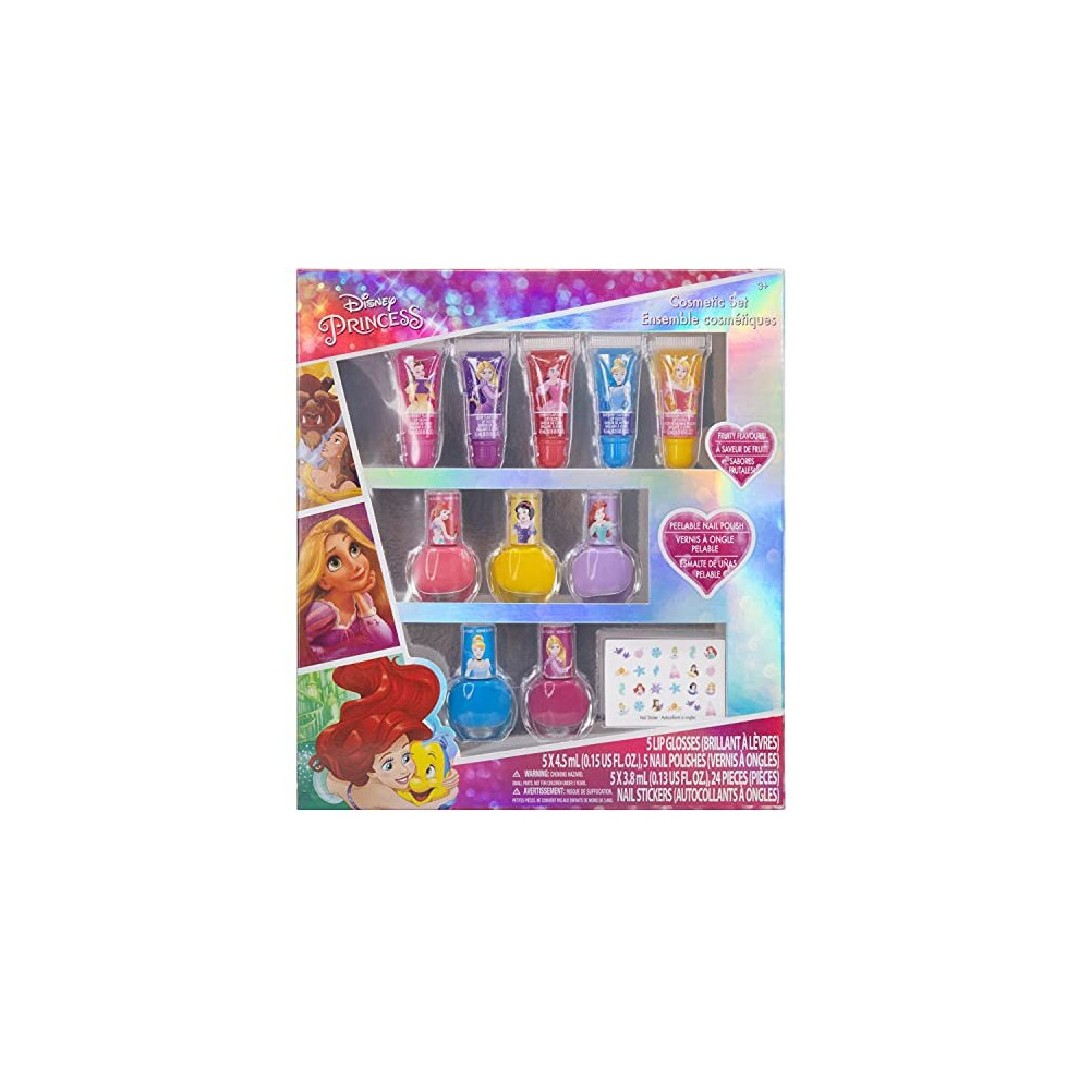 Disney Princess - Townley Girl Super Sparkly Cosmetic Makeup Set for Girls with Lip Gloss Nail Polish Nail Stickers - 11 Pcs|Perfect for Parties Sleep