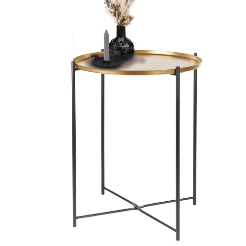 URBN Living Foldable Black and Gold Metal Round Folding Bed Side TV Sofa End Table