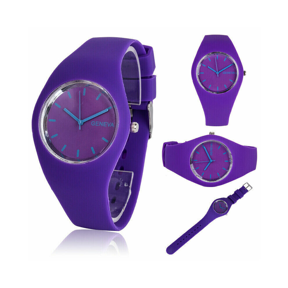 (Purple) Women Ladies Soft Jelly Silicone Band Quartz Sports Girl Kids Wrist Watch