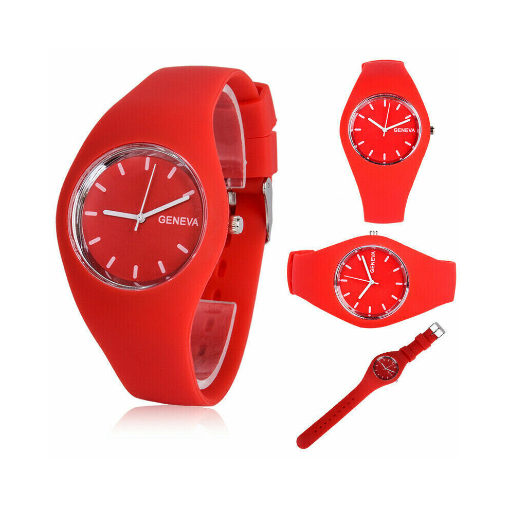 (Red) Women Ladies Soft Jelly Silicone Band Quartz Sports Girl Kids Wrist Watch