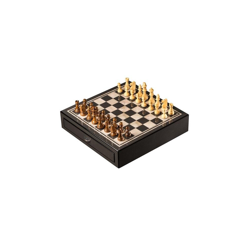 Carbon Fiber & Mother of Pearl Design Chess Set with Accessory Drawers, Beige & Brown-image-OPC-PB78FHY-NEW
