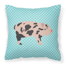 Mini Miniature Pig Blue Check Fabric Decorative Pillow, 18 x 18 in.