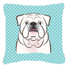 Checkerboard Blue White English Bulldog Fabric Decorative Pillow, 14 x 14 In.
