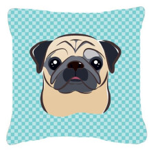Checkerboard Blue Fawn Pug Fabric Decorative Pillow, 14 x 14 In.