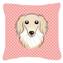 Checkerboard Pink Longhair Creme Dachshund Fabric Decorative Pillow, 18 x 18 In.