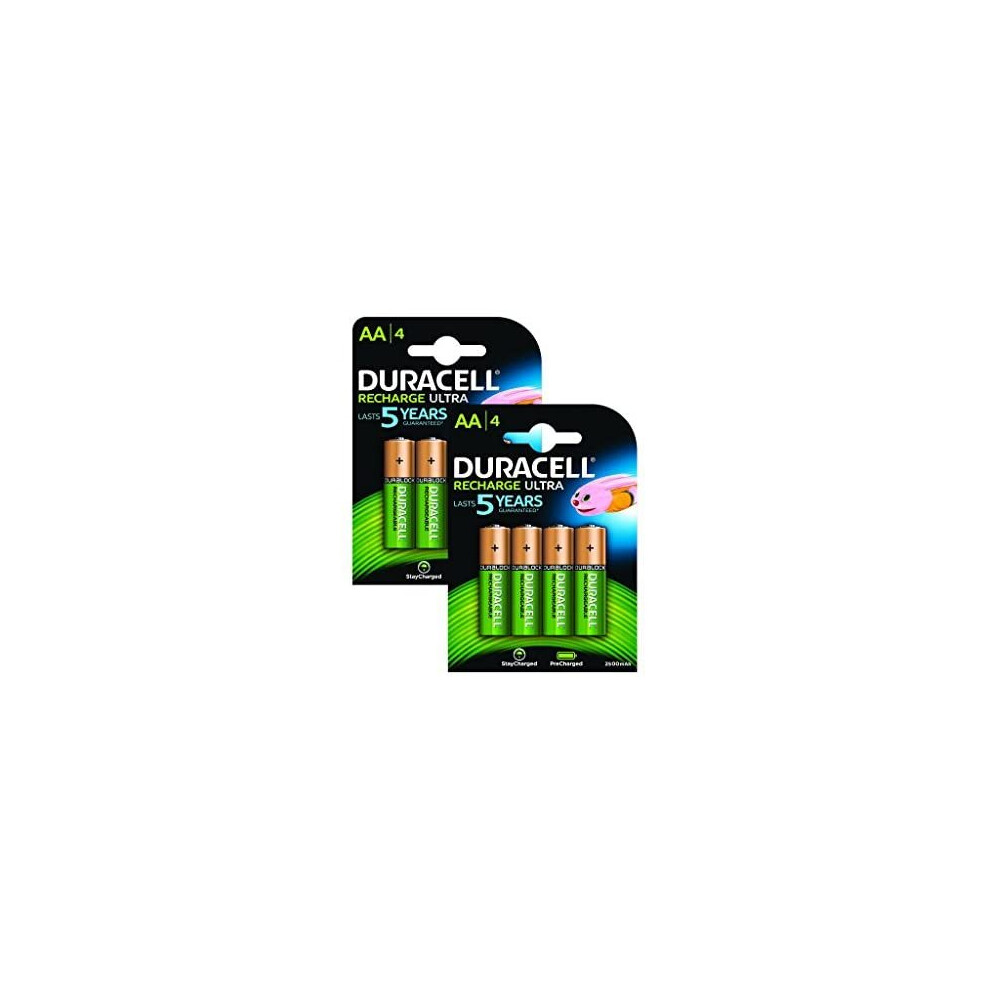 Duracell Aa 2500Mah Recharge Ultra Rechargeable Batteries, Pack Of 8