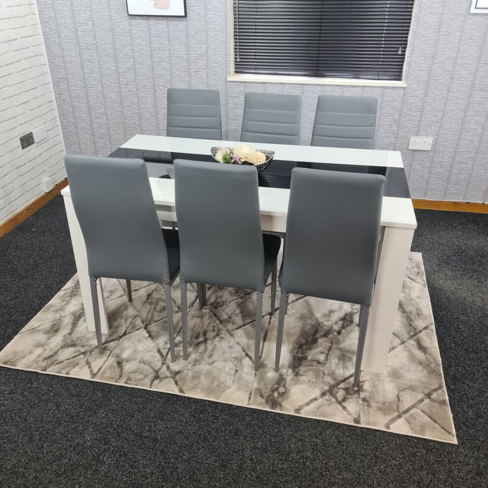 Modern White and Black Wood Dining Table With 6 Grey Metal Chairs