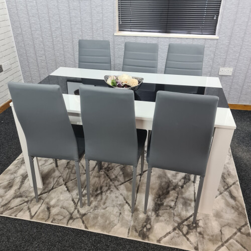 Modern White and Black Wood Dining Table With 6 Grey Metal Chairs 1