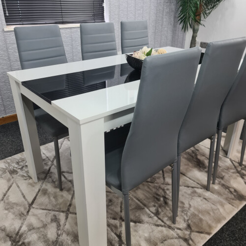 Modern White and Black Wood Dining Table With 6 Grey Metal Chairs 2
