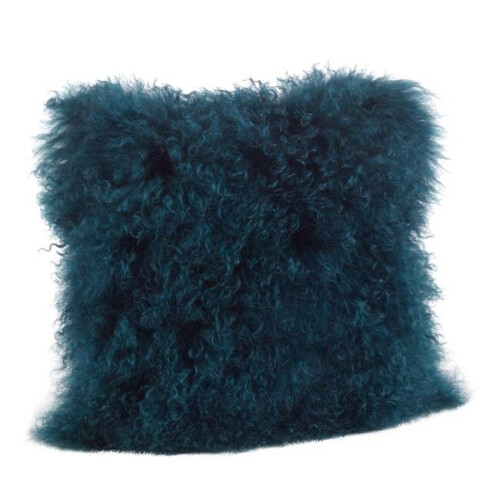 SARO  16 in. Wool Mongolian Lamb Fur Throw Pillow - Teal