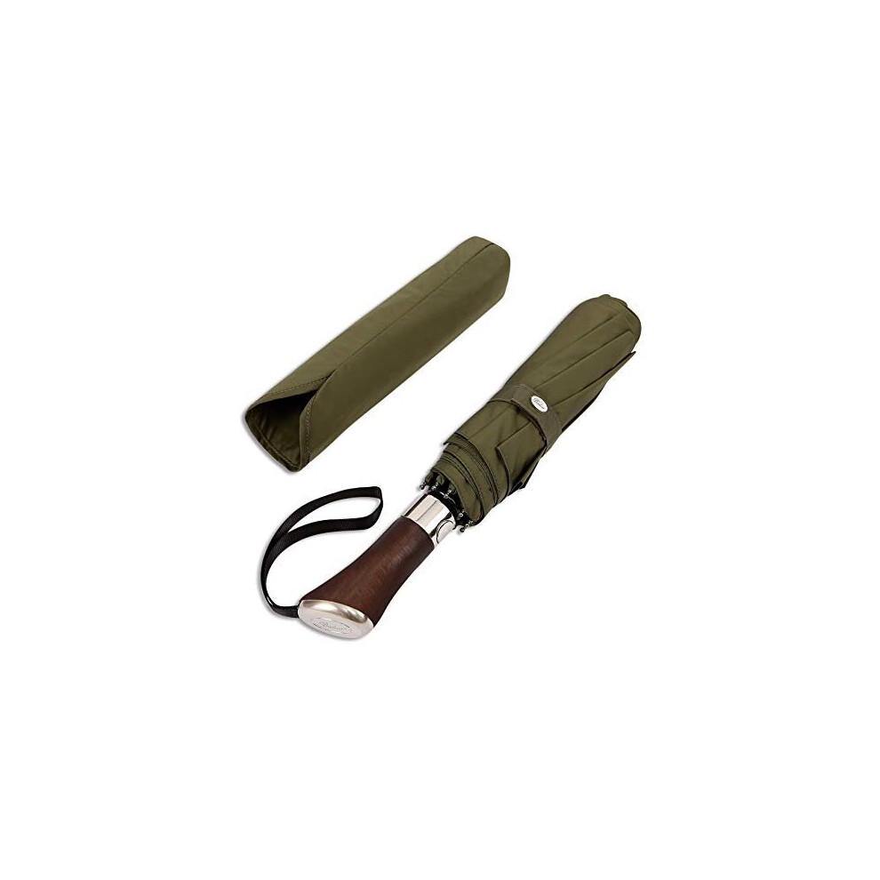 (Designed in UK) Balios Travel Folding Umbrella Luxurious Rosewood Handle Auto Open & Close Windproof Single Canopy (Olive Green)
