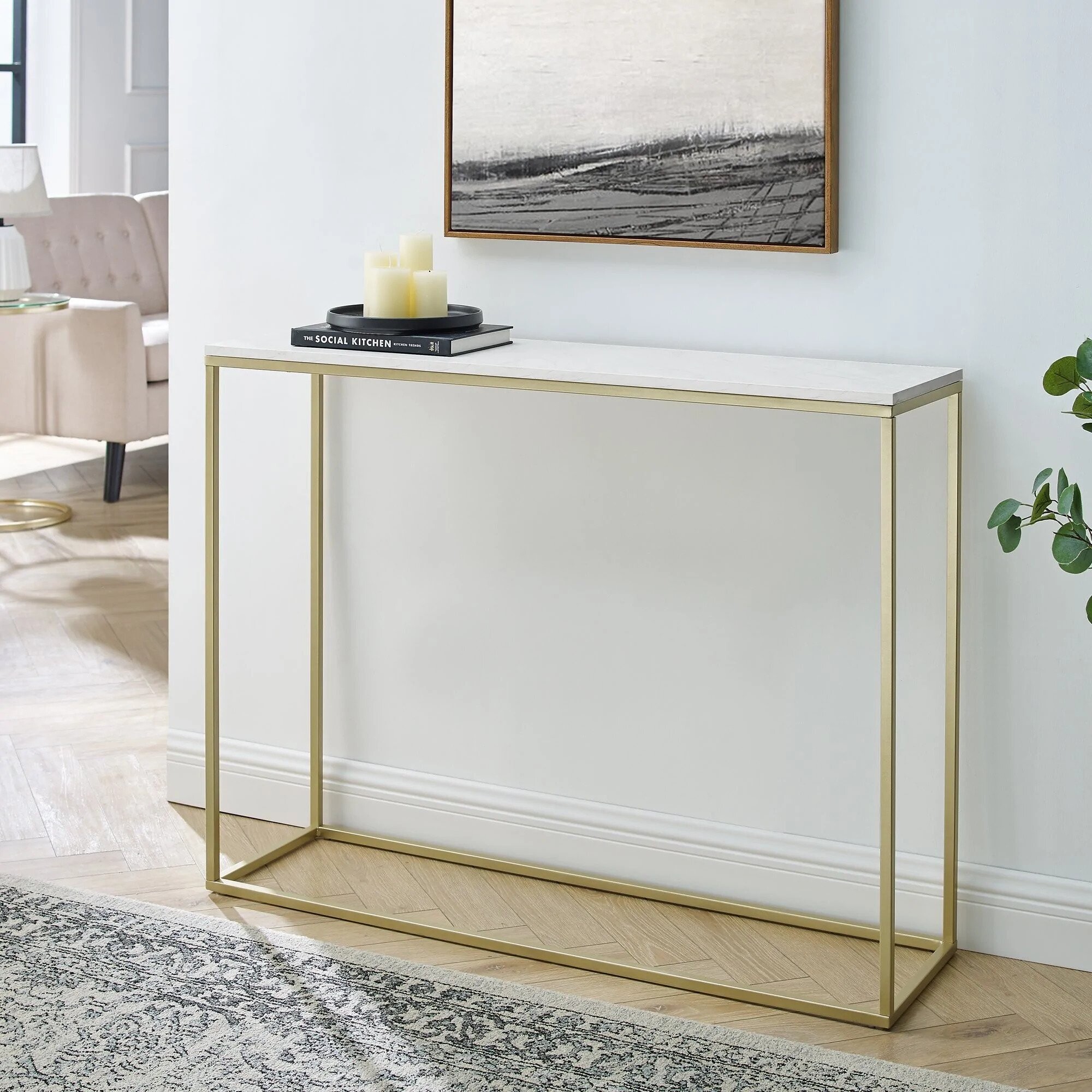 (Faux White Marble & Gold Legs) 107cm Stand Entry Console Table Hallway ...