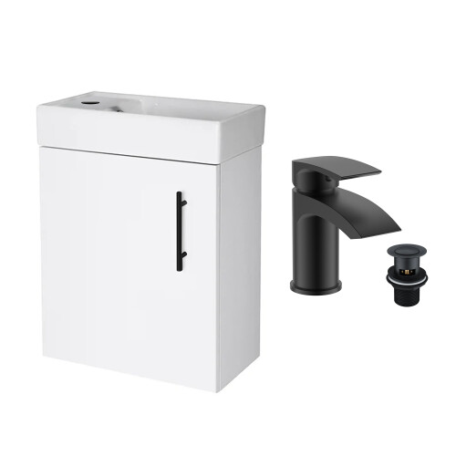 Gloss White 400 Wall Hung Vanity Unit & Matt Black Basin Tap & Handle
