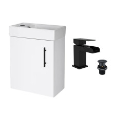 Gloss White 400 Wall Hung Vanity Unit & Matt Black Waterfall Basin Tap & Handle