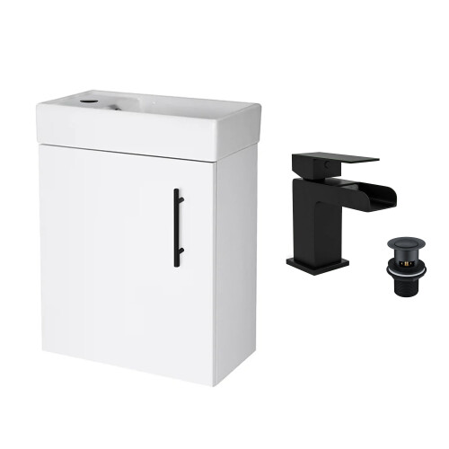 Gloss White 400 Wall Hung Vanity Unit & Matt Black Waterfall Basin Tap & Handle
