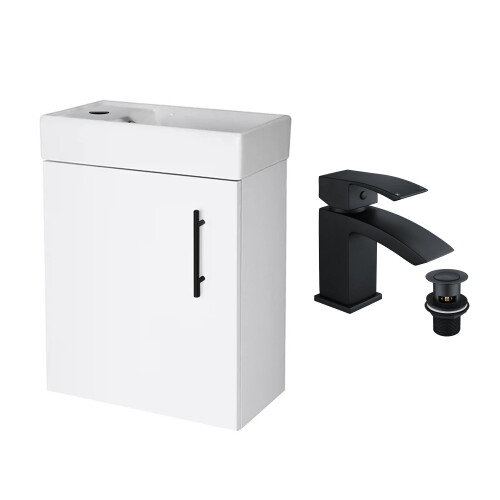 Gloss White 400 Wall Hung Vanity Unit & Matt Black Basin Tap & Handle