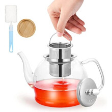 PluieSoleil Glass Teapot with Infuser, Tea Pot Strainer for Loose Tea Leaf, Large 1200ml Teapot Set with Cleaning Brush, Bamboo Coaster, Removable