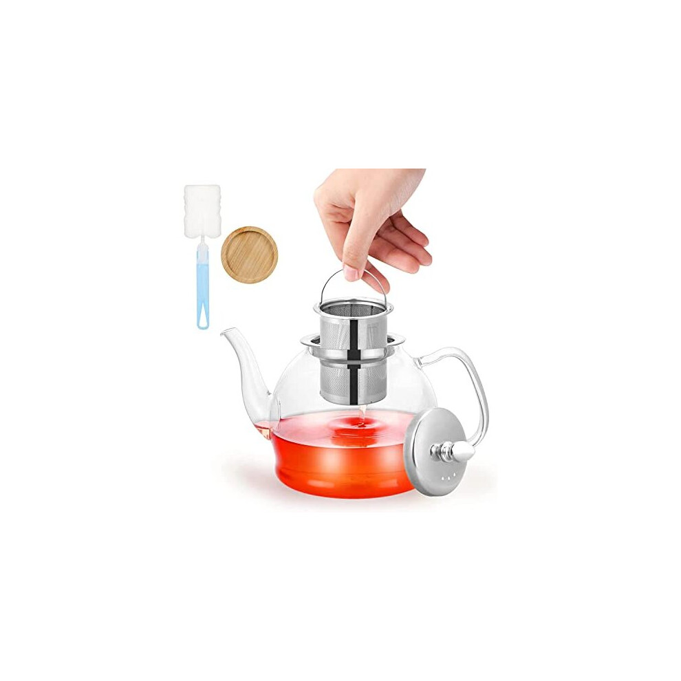 PluieSoleil Glass Teapot with Infuser, Tea Pot Strainer for Loose Tea Leaf, Large 1200ml Teapot Set with Cleaning Brush, Bamboo Coaster, Removable