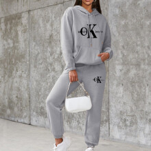 (Grey, L) Women Letters Print Long Sleeve Drawstring Elastic Waist With Pocket Hooded Sweatshirts And Sweatpants