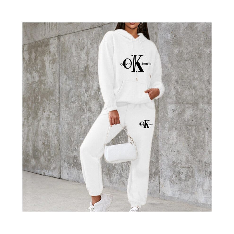 (White, M) Women Letters Print Long Sleeve Drawstring Elastic Waist With Pocket Hooded Sweatshirts And Sweatpants