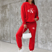 (Red, M) Women Letters Print Long Sleeve Drawstring Elastic Waist With Pocket Hooded Sweatshirts And Sweatpants