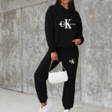(Black, 2XL) Women Letters Print Long Sleeve Drawstring Elastic Waist With Pocket Hooded Sweatshirts And Sweatpants