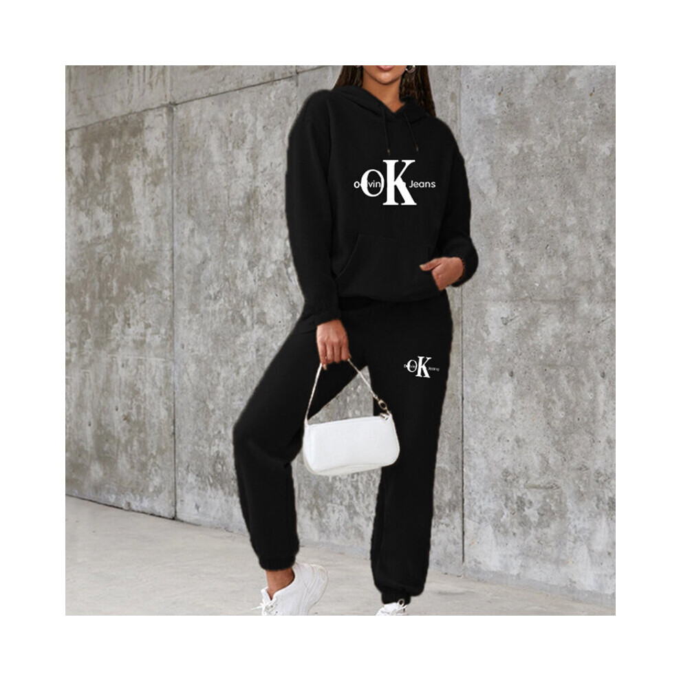 (Black, L) Women Letters Print Long Sleeve Drawstring Elastic Waist With Pocket Hooded Sweatshirts And Sweatpants