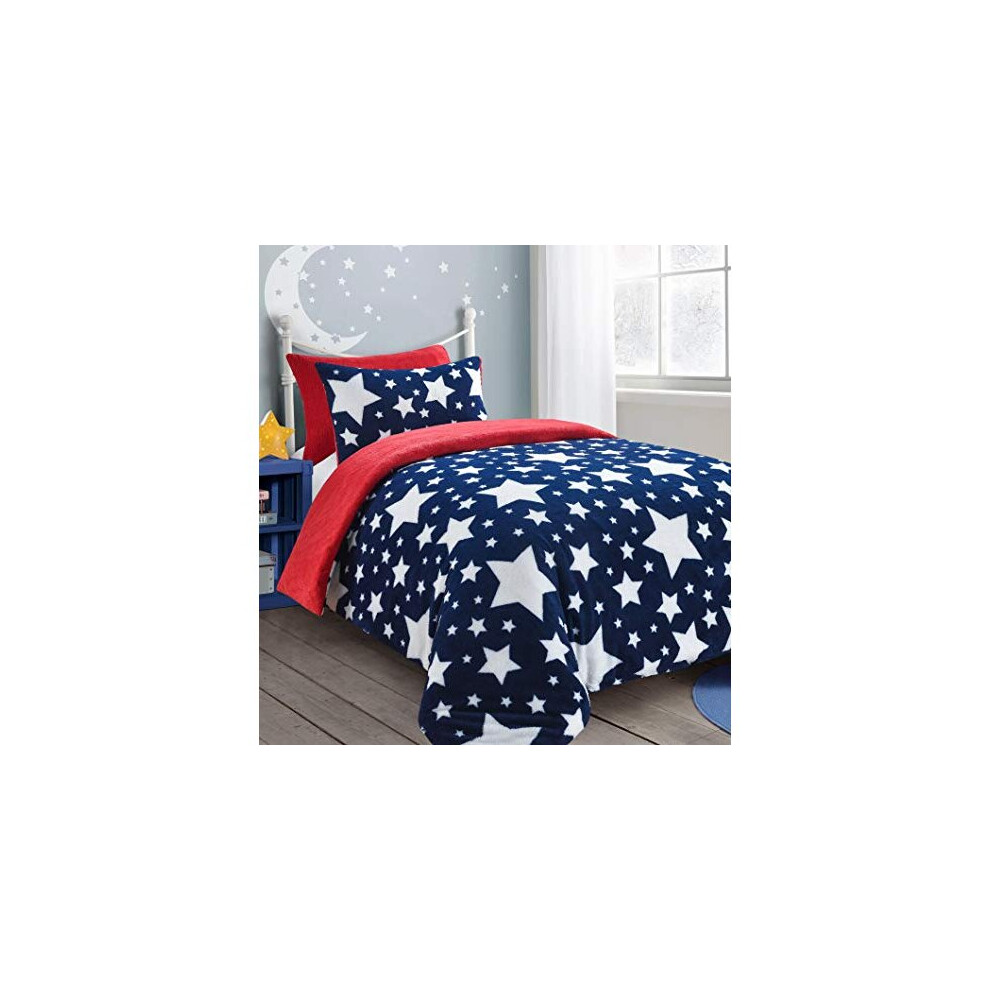 HOMES-LINEN Teddy Star Fleece Duvet Cover Set Soft Cosy Warm Kids Star Teddy Bear Bedding Set (Navy & Red, Single)