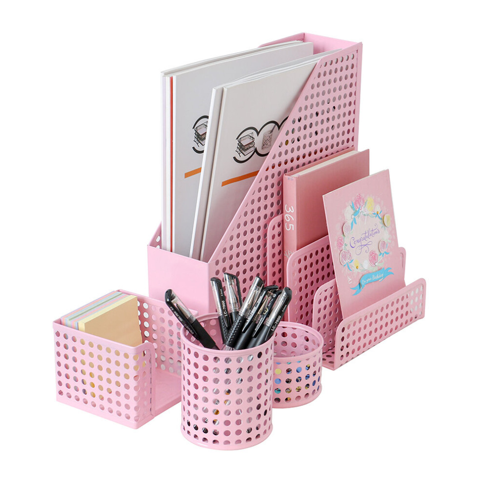 (Pink) Office Desk Tidy 5 Piece Organizer Set - 3 Tier A4