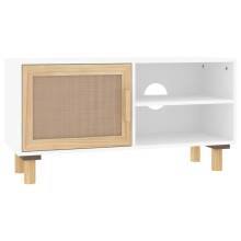 (White) vidaXL TV Cabinet TV Stand Media TV Unit Solid Wood Pine and Natural Rattan